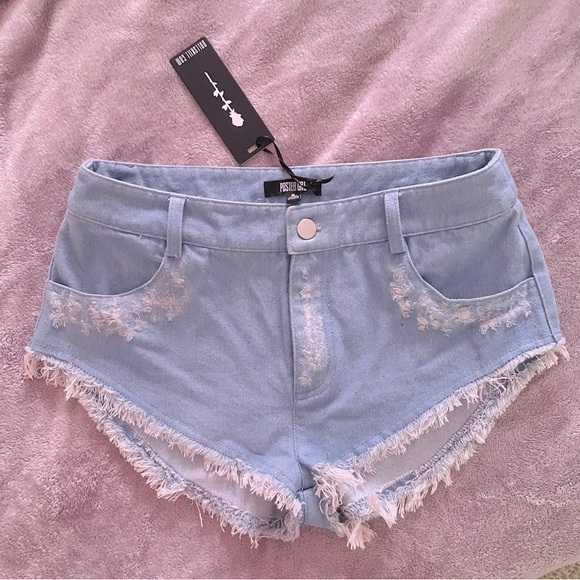 Dolls Kill Pants - Lightwash Distressed Denim Shorts With No Back Pockets/Pocketless Butt